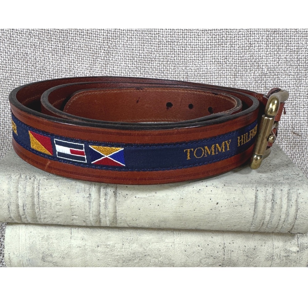 Tommy Hilfiger Nautical Flag Ribbon Belt Brass Buckle USA Sz‎ 40 1990s